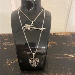 Set if 2 Unisex Silver Guitar and Pick Pendant Necklaces